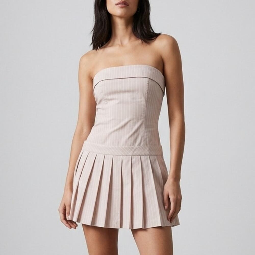ZARA Pinstripe Strapless Pleated Drop Waist Romper Beige Womens Size Small